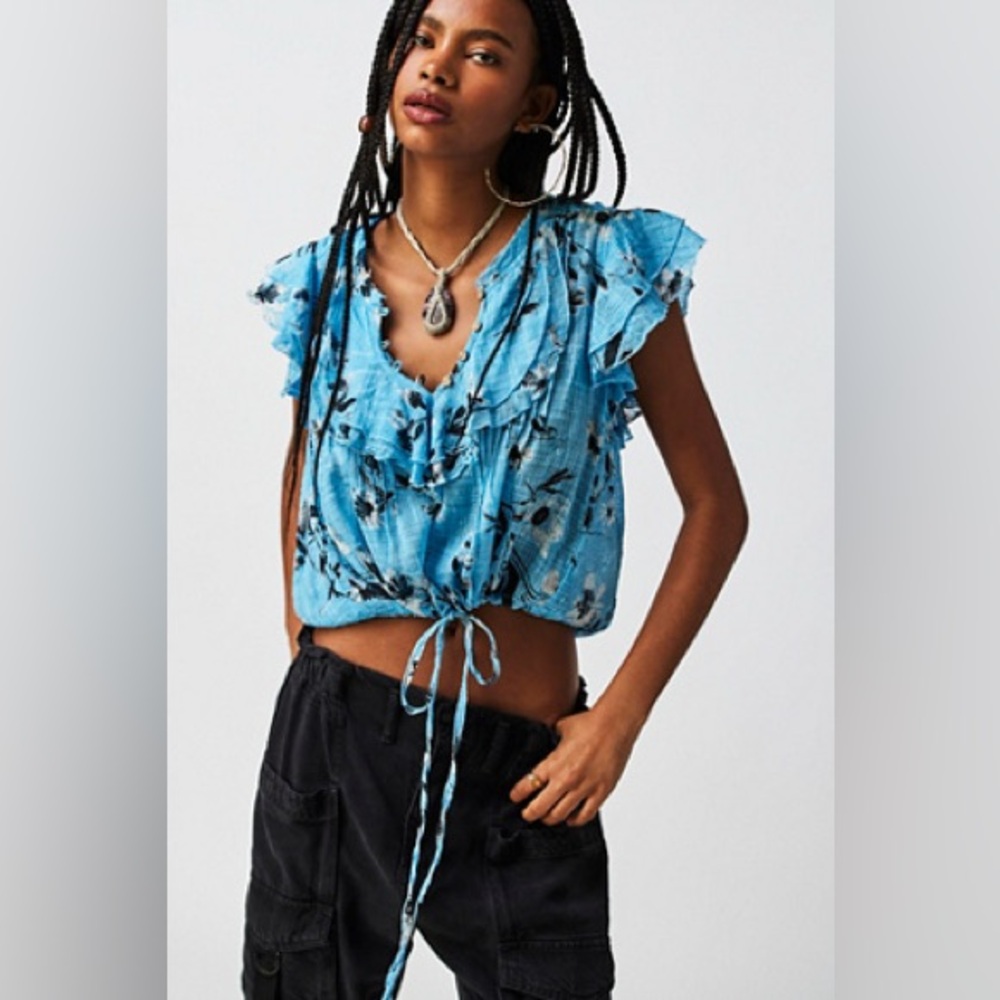 Free People Light Blue Floral Gauze Blouse